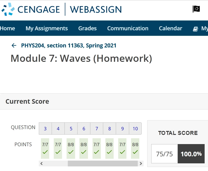 Physics WebAssign Waves Homework 100% 2021